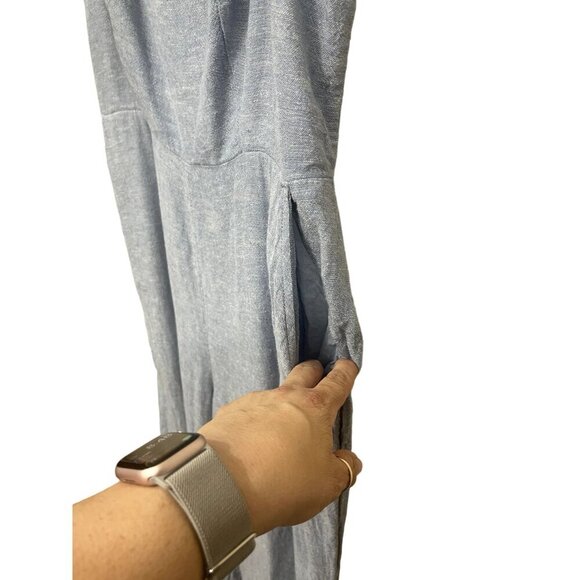 Old Navy Spaghetti Strap Cropped Wide Leg‎ Jumpsuit Linen Blend Chambray Smocked - Picture 6 of 11